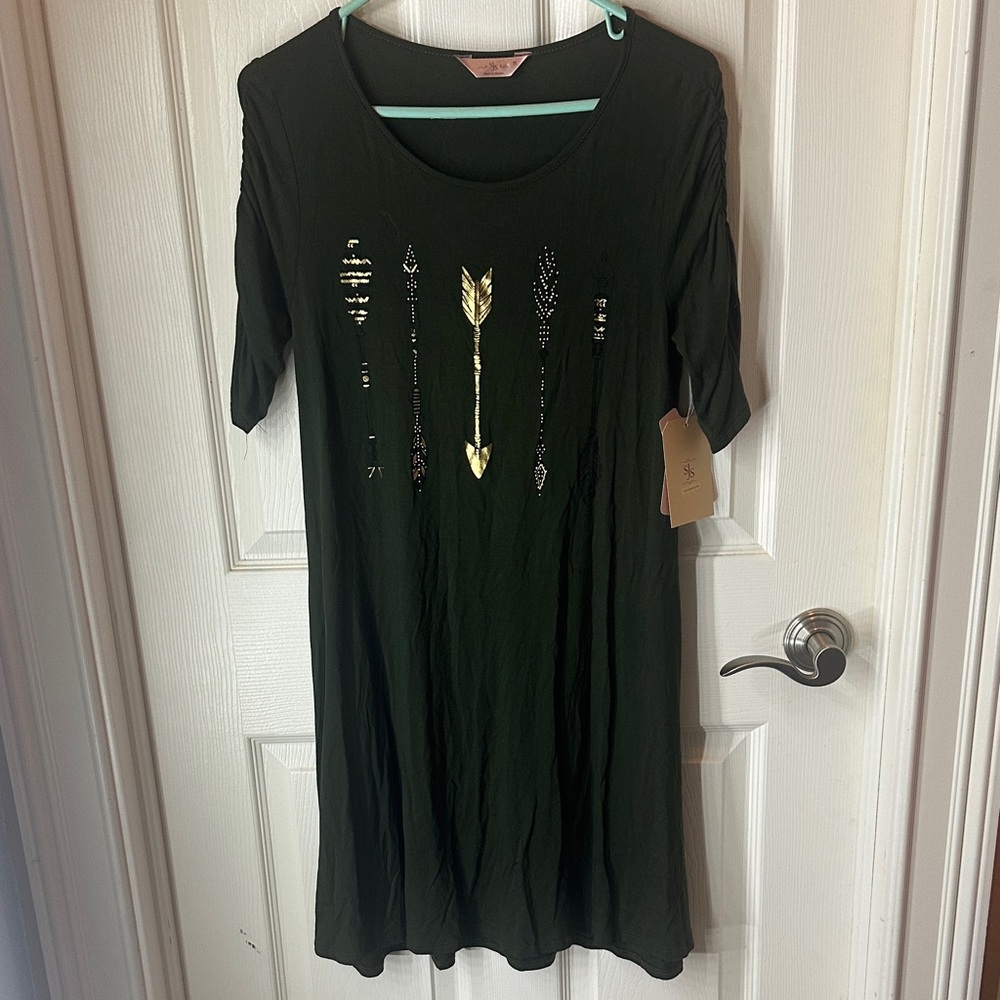 SJS Black Dress with Gold Arrow Detail